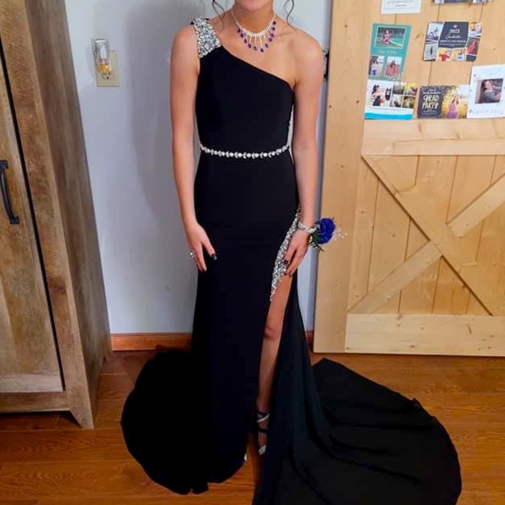 Sophia Thomas Designs black one shoulder with cape prom dress